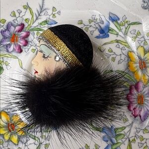 Art Deco Flapper Lady Brooch w/ Black Fur
